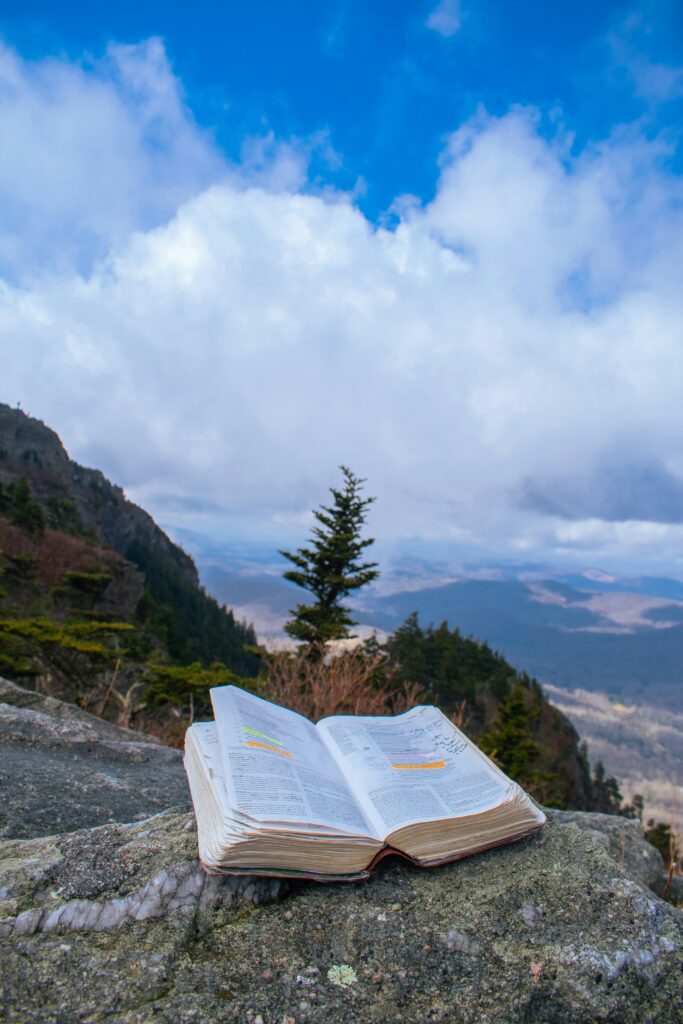 An open Bible against the Montana skyline